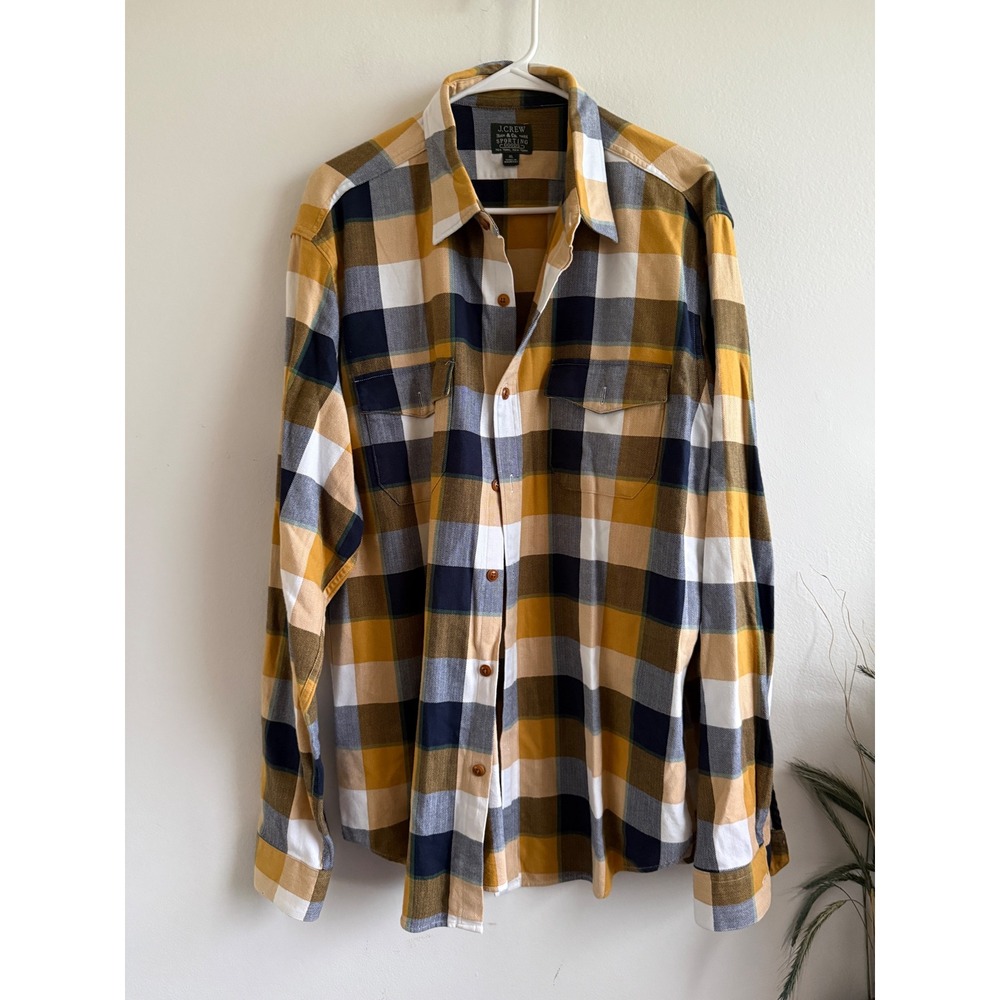 J.Crew Sporting Goods Mens XL Plaid Herringbone Flannel Shirt Yellow Navy 03031